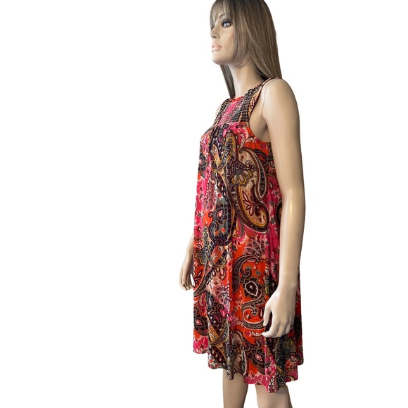 Chetta B Paisley Shift Dress Flowy Colorful Sleeveless Keyhole Shirred Smocked - Picture 10 of 16